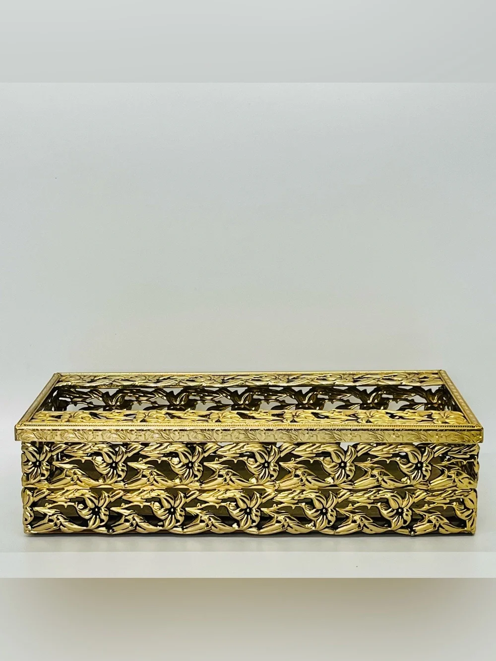 Vintage Gold Filigree Ornate Tissue Kleenex Box Holder Lily Floral Velvet Lined